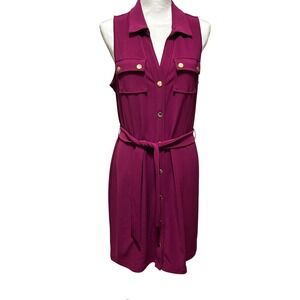 Boston Proper Sleeveless Collared Midi Shirt Dress M Magenta Gold Button Belted